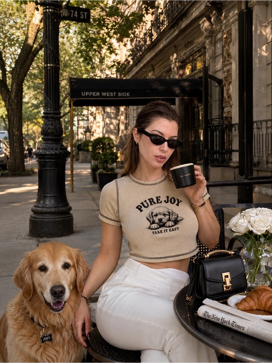 Urban Revivo Tops - Urban Revivo Beige Ribbed 'Pure Joy' Puppy Graphic Tee